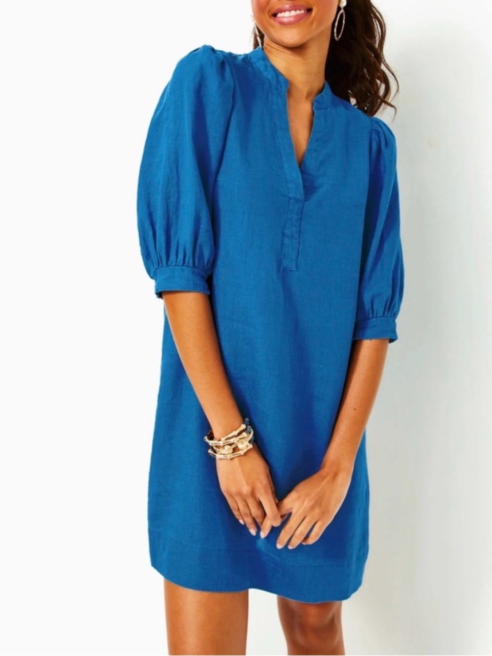 Lilly Pulitzer Vibrant Royal Blue Split-Neck mini Linen summer Tunic Dress Sz 2